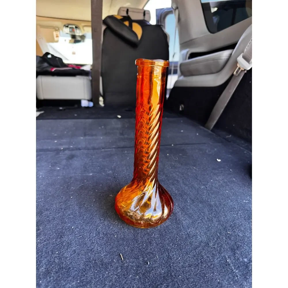 Federal Glass Company amber swirl bud vase wide base twisted neck design vintage
